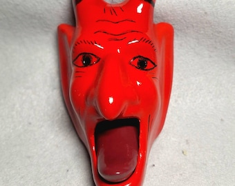 bright red DEVIL / KRAMPUS ceramic bisque wall hanging with dark red tongue