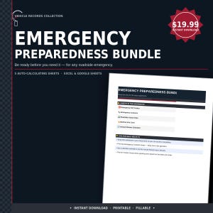 May include: An Emergency Preparedness Bundle digital document featuring five auto-calculating sheets for Excel and Google Sheets. The layout includes an Emergency Kit Tracker, Emergency Contacts, Roadside Action Plan, Medical Info Card, and Annual Review Checklist.