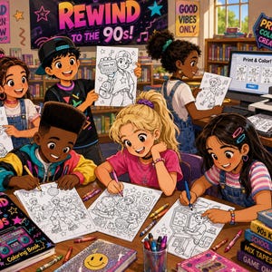 May include: A group of children in a classroom setting colouring pages from a Rewind to the 90s colouring book. The scene features various colouring sheets, crayons, a computer, a printer, and books with titles like 90s Kids Rule and Mix Tapes.