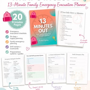May include: A 13-Minute Family Emergency Evacuation Planner digital download set featuring 20 printable pages. Includes checklists for go-bags, emergency supplies, drill trackers, scorecards, and family planning worksheets with a 3-30-90 system.