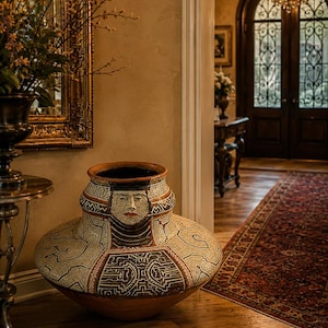 May include: A large, wide-bodied ceramic vessel featuring a hand-painted face on the neck and intricate geometric patterns in black, white, and terracotta tones. The pot has a wide, rounded base that tapers to a narrow, open circular rim.