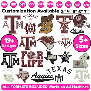 Peut inclure: Une collection de motifs de broderie Texas A&M comprenant des logos, des mascottes et du texte comme 'ATM FOR LIFE' et 'Aggies'. L'image présente divers formats de fichiers, 19+ motifs et 5+ tailles allant de 7,6 cm à 17,8 cm pour la broderie.