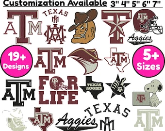 Texas Universität, Aggies, Logo-Stickerei, Universitäts-Logo, Maschinenstickerei Texas Stickerei, benutzerdefinierte Stickerei, Texas A&M 6+Size