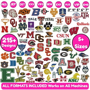 Puede incluir: Una colección digital de más de 215 diseños de bordado de equipos universitarios y deportivos en varios formatos como PES, JEF y DST. La imagen muestra numerosos logotipos, mascotas y letras en 5 tamaños de 3 a 7 pulgadas para máquinas.