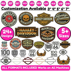 Può includere: Una collezione di disegni per ricamo digitale con loghi Harley-Davidson, emblemi della Route 66 e motivi a teschio in varie forme e stili. L'immagine mostra testo tra cui Customization Available, 24+ Designs, 5+ Sizes e All Formats Included.