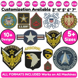 Peut inclure: Une collection de motifs de broderie sur le thème militaire comprenant divers emblèmes, dont les logos de l'U.S. Coast Guard, de l'U.S. Army et de l'U.S. Space Force. L'image montre plusieurs écussons, aigles, étoiles et boucliers de couleurs variées.