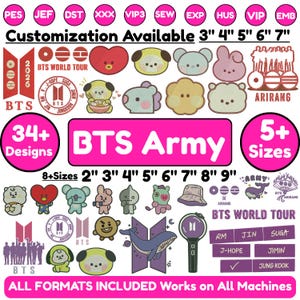 Zestaw haftów Kpop Army z logo fana muzyki inspirowanym koncertem, modny plik ściegowy, haft maszynowy, niestandardowy, zdigitalizowany, rozmiar 9+