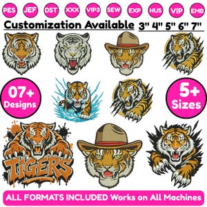May include: A collection of digital embroidery designs featuring various tiger illustrations, including tigers wearing hats, tigers with claw marks, and a tiger with the text TIGERS. Includes file formats PES, JEF, DST, XXX, VIP3, SEW, EXP, HUS, VIP, EMB.