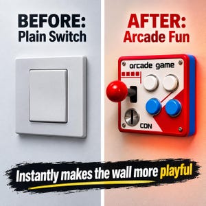 Puede incluir: Una comparación que muestra un interruptor de luz blanco sencillo a la izquierda y una placa de pared de control de juego arcade colorida a la derecha. La placa arcade tiene un joystick rojo, dos botones blancos, dos azules y el texto arcade game CON.