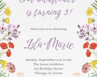 Wildflower Birthday Invitation Suite, Floral Garden Party Decor Bundle (Canva Template)