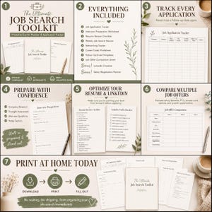 May include: A digital job search toolkit featuring seven panels of printable career planning documents. The set includes a job application tracker, interview preparation worksheets, resume review checklists, and a salary negotiation planner with a neutral color palette.