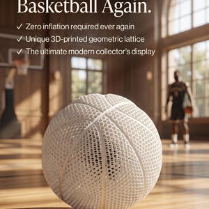 Może przedstawiać: Biała piłka do koszykówki z wydrukowaną w 3D geometryczną strukturą kratową. Tekst głosi: Never Pump Your Basketball Again. Zero inflation required ever again. Unique 3D-printed geometric lattice. The ultimate modern collector's display. Ennic.