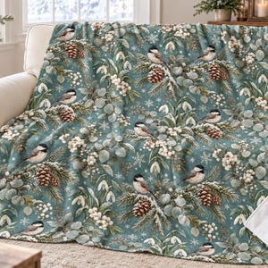 Chickadee Winter Blanket, Frosted Pine Botanical Velveteen Throw, Patina Blue