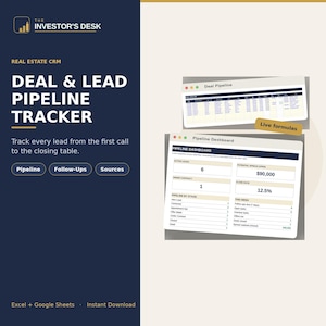 May include: A digital real estate CRM Deal & Lead Pipeline Tracker template featuring a dark blue sidebar with white text and a light beige main area displaying two software window screenshots showing a deal pipeline and a pipeline dashboard.