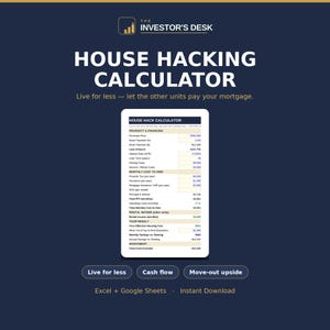 Op de afbeelding: Een digitaal House Hacking Calculator spreadsheet-sjabloon voor Excel en Google Sheets. De donkerblauwe afbeelding toont de titel, de tekst Live for less — let the other units pay your mortgage en een voorbeeld van financiële gegevensvelden.
