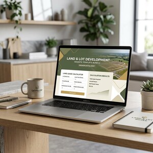 Könnte beinhalten: Ein silberner Laptop zeigt eine Website-Vorlage für Land- und Grundstücksentwicklung mit einem Pachtrechner, neben einer weißen Tasse mit Logo, einem Notizbuch mit der Aufschrift Land & Lot Notes und einer kleinen Sukkulente auf einem Holztisch.