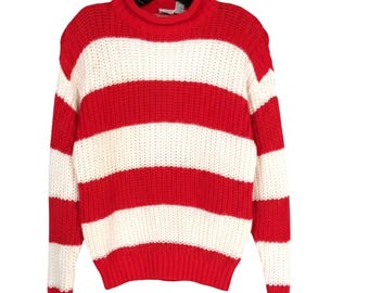 Jersey de punto vintage J. G. Hook de rayas rojas y blancas con cuello alto enrollado y ribete acanalado, talla M.