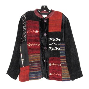 Vtg KAKTUS Black CHENILLE & Velvet Button-Up Patchwork Lined Jacket Top Sz XL