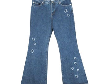 Calça jeans vintage Y2K Stationwagon de cintura alta com estrelas desfiadas, boca de sino e bolsos, tamanho 15.