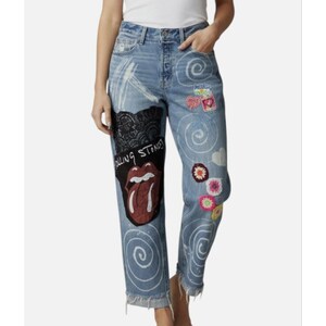 JEANS TAILLE 6 Patchs Délavé Art-À-Porter Musique Upcyclé Récupération Graffiti Personnalisé