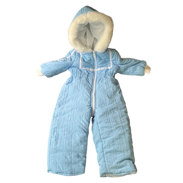May include: A light blue, quilted one-piece snowsuit featuring a hood trimmed with white faux fur. The garment includes a full-length white front zip, long sleeves with white ribbed cuffs, and a cinched waist design for a fitted appearance.