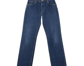 Calça jeans vintage LEE JEANS Union Made SCOVILL com zíper, corte reto, cintura alta e modelagem folgada, tamanho 16-M, 29x31,5 polegadas.