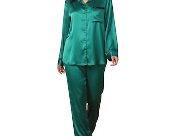 Vtg Gold Tag VICTORIA'S SECRET Emerald Green SATIN Pajamas Silky Top/Pants Sz S