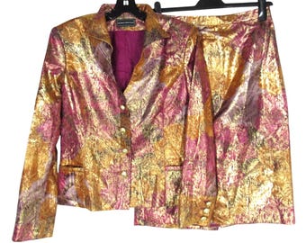 Vtg George Simonton Purple w/GOLD METALLIC SUIT Jacket Skirt Outfit Set Sz 12