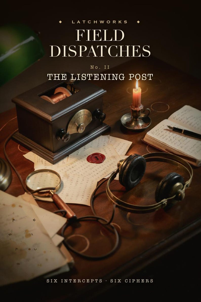 PDF de Cipher Hunt Puzzle - The Listening Post - Juego de descifrado de seis códigos - Escape Room de espías imprimible para adultos - Decodifica las interceptaciones imagen 2