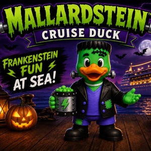 Peut inclure: Une figurine de canard vert style Frankenstein avec des boulons au cou, portant une veste noire et un haut violet, tenant un seau avec un éclair. Texte inclus : Mallardstein Cruise Duck, Frankenstein Fun At Sea, et 5 cm de hauteur.