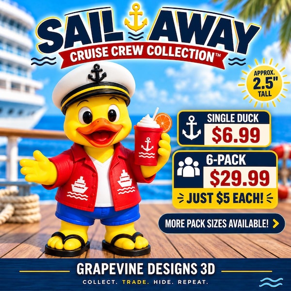 Pato de crucero para fiesta de despedida / Patos de crucero de 6,35 cm / Sombrero de capitán, bebida tropical y modo vacaciones (coleccionable)