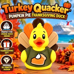 May include: A yellow rubber duck toy wearing a dark green shirt with a pumpkin pie graphic. The duck has a brown and orange fan-shaped tail resembling turkey feathers. Text on the image reads Turkey Quacker Pumpkin Pie Thanksgiving Duck.