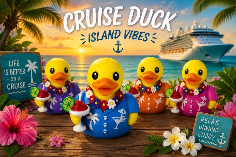 May include: Four yellow rubber ducks wearing colorful Hawaiian shirts and floral leis, each holding a tropical cocktail. The ducks are positioned on a wooden surface with text reading CRUISE DUCK ISLAND VIBES, LIFE IS BETTER ON A CRUISE, and RELAX UNWIND ENJOY.