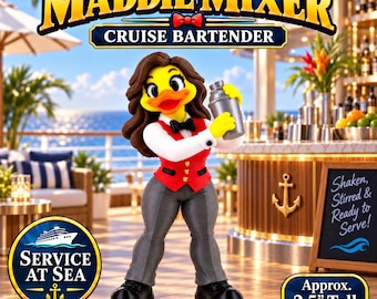 以下が含まれることがあります： 高さ6.35cmのクルーズバーテンダー、マディ・ミキサーというアヒルのキャラクターのフィギュア。茶色の髪、白いシャツ、赤いベスト、黒い蝶ネクタイ、灰色のズボンを身につけ、銀色のカクテルシェイカーを持っている。テキストには「Maddie Mixer」、「Cruise Bartender」、「Service at Sea」、「Shaken, Stirred & Ready to Serve!」と書かれている。