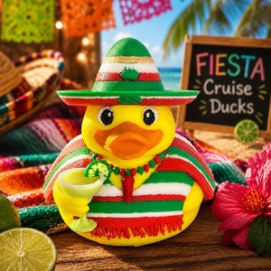 May include: A yellow rubber duck wearing a green, white, and red striped sombrero and a matching poncho. The duck has a beaded necklace with a chili pepper charm and holds a light green margarita glass with a lime slice garnish.