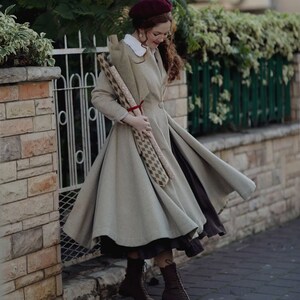 Wool Coat in Floralwhite, Flared Wool Midi Coat, 100% wool coat, beige end brown coat, winter coat,1950 coat