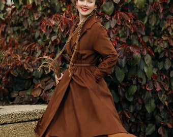 Wool Coat in Dark Brown, Double breasted wool coat jacket,  Flared Wool Midi Coat, 100% wool coat, winter coat, cashmere coat, 1950 coat