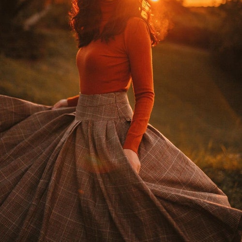 pleated check wool skirt,  midi wool skirt, winter skirt, wool winter skirt, vintage skirt, brown skirt, party skirt | Linennaive