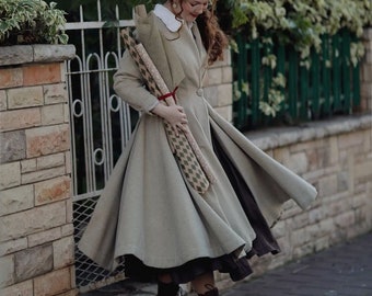 Wool Coat in Floralwhite, Flared Wool Midi Coat, 100% wool coat, beige end brown coat, winter coat,1950 coat