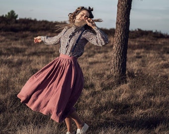 ashed lilac midi linen skirt, a line skirt, pleated flared skirt, 1950 skirt  | Linennaive