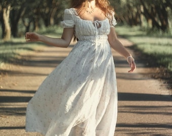 linen floral dress, daisy linen dress, white linen dress, princess linen dress, maxi floral dress | Linennaive