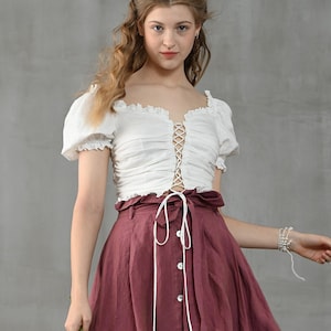 lace-up blouse in white, puff sleeve linen blouse, corset linen blouse, victorian blouse, tie-fastening cropped blouse | Linennaive
