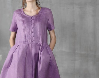 linen dress, maxi wedding dress in violet and golden, circle dress with pockets, buttoned down dress, cocktail dress | Linennaive