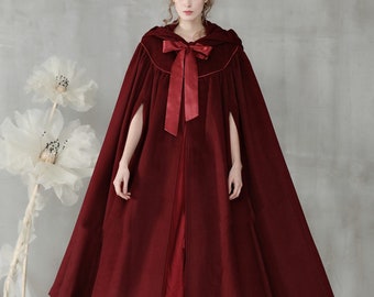 maxi hooded wool cloak in wine red, wool cape, maxi cape, princess wedding cloak cape | Linennaive