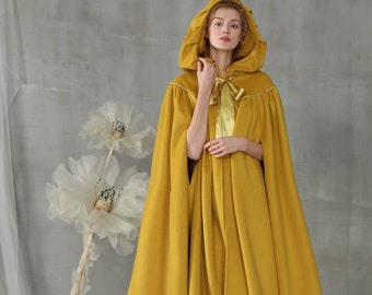 hooded cloak in yellow, maxi wool cloak cape, wool cape, wool cloak cape, wedding cloak, maxi cloak, bridal cloak | Linennaive