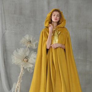 hooded cloak in yellow, maxi wool cloak cape, wool cape, wool cloak cape, wedding cloak, maxi cloak, bridal cloak | Linennaive