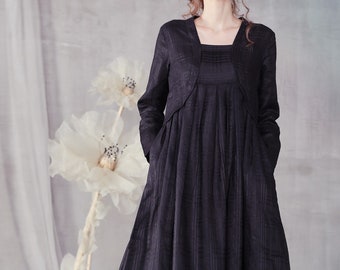 linen dress, black linen dress, tiered dress with jacket, long sleeve dress, plus size dress, maxi dress, black dress | Linennaive