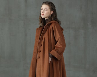 hooded wool coat jacket in brown and moss green, oversized hooded wool coat, long coat, wool coat, winter coat | Linennaive