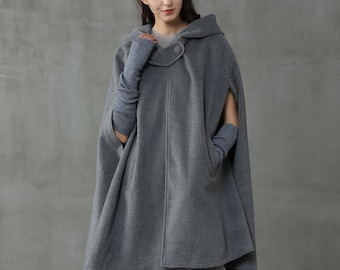 gray hooded wool coat, wool coat,  wool cape, oversized hooded cape, hooded wool cape, hooded wool cloak, long wool coat