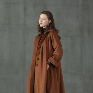 hooded wool coat jacket in brown and moss green, oversized hooded wool coat, long coat, wool coat, winter coat | Linennaive